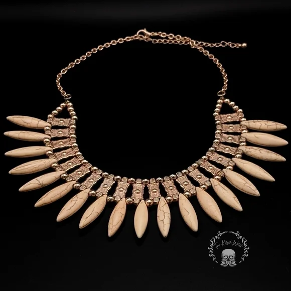 ROSE Gold Toned Faux Howlite Bib Statement Necklace with Rhinestone Accents - Picture 3 of 5